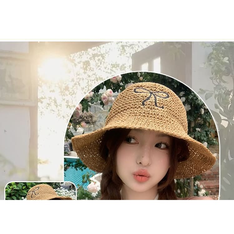 Bow Embroidered Knit Bucket Hat