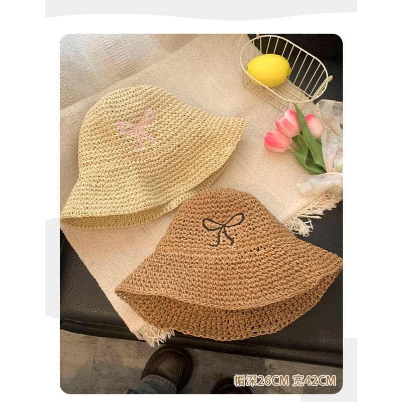 Bow Embroidered Knit Bucket Hat