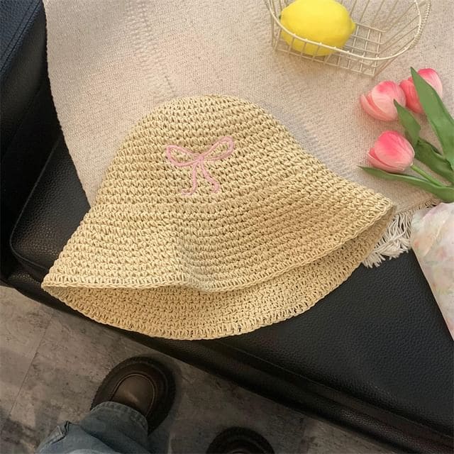 Bow Embroidered Knit Bucket Hat - Pink Bow - Beige