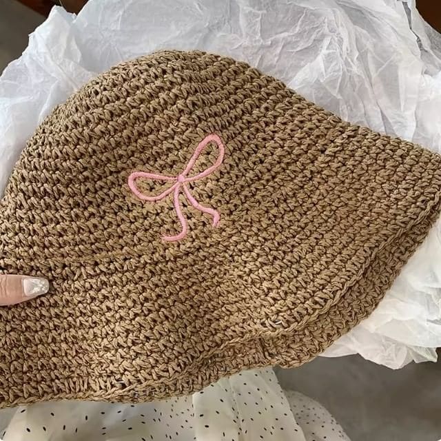 Bow Embroidered Knit Bucket Hat - Pink Bow - Khaki