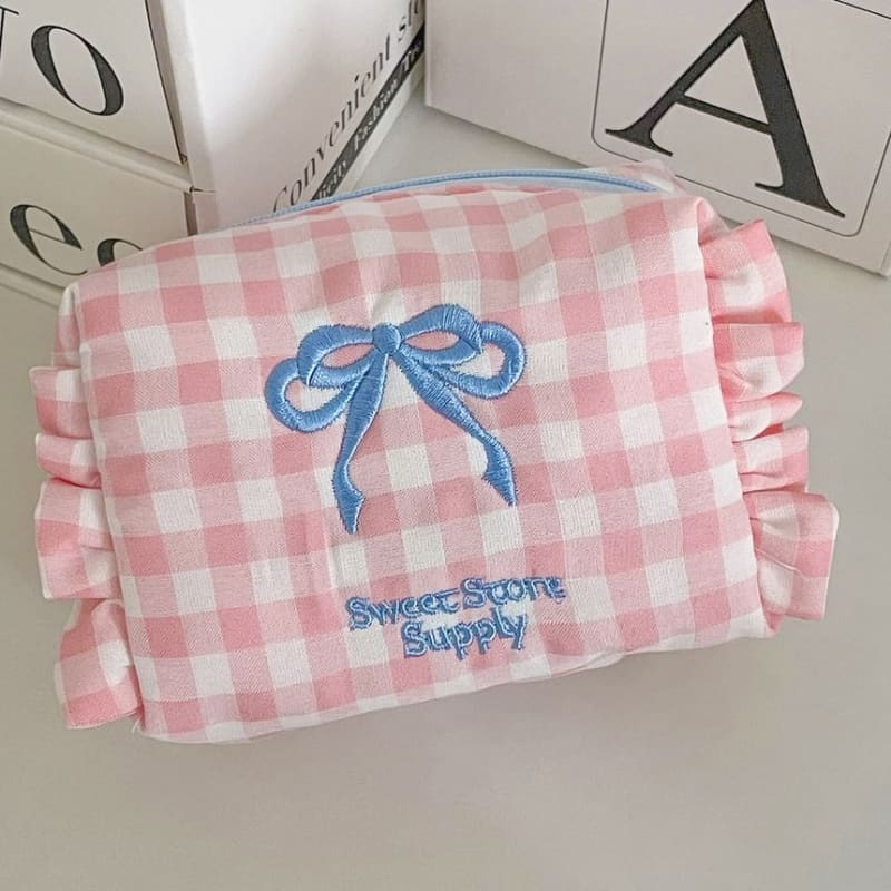 Bow Embroidered Plaid Coin Purse