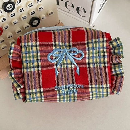 Bow Embroidered Plaid Coin Purse - Plaid - Red / One Size