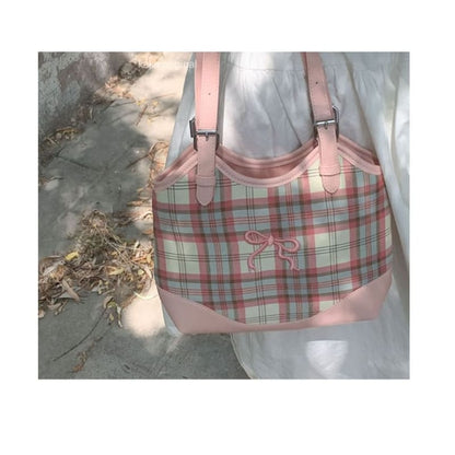 Bow Embroidered Plaid Panel Tote Bag