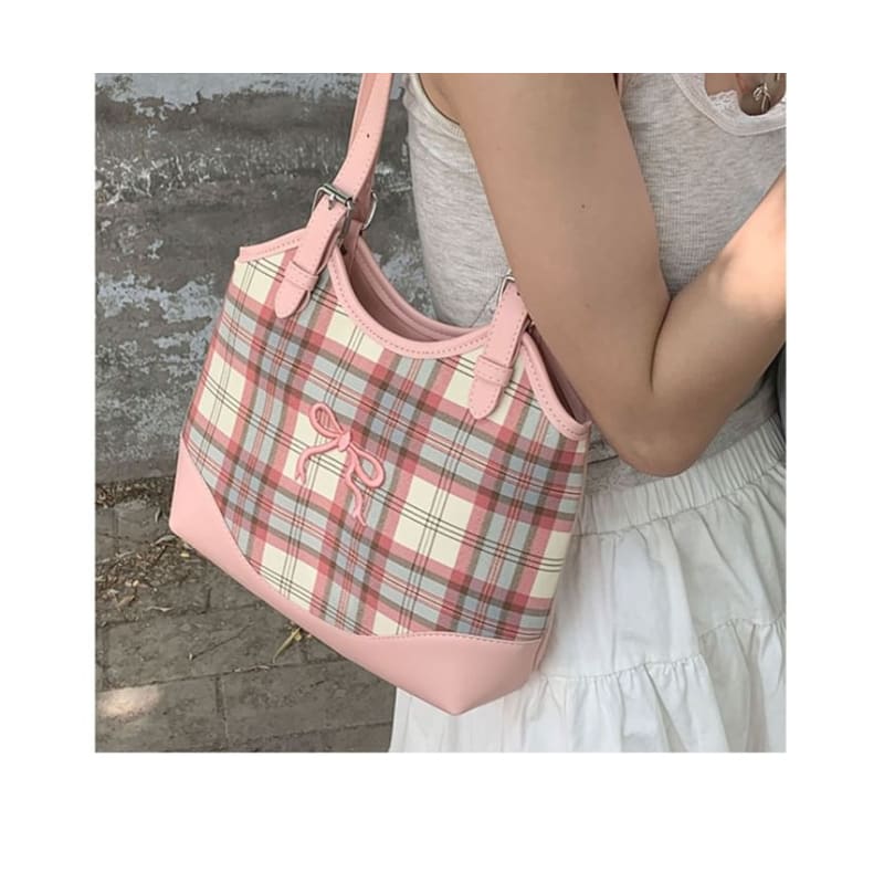 Bow Embroidered Plaid Panel Tote Bag