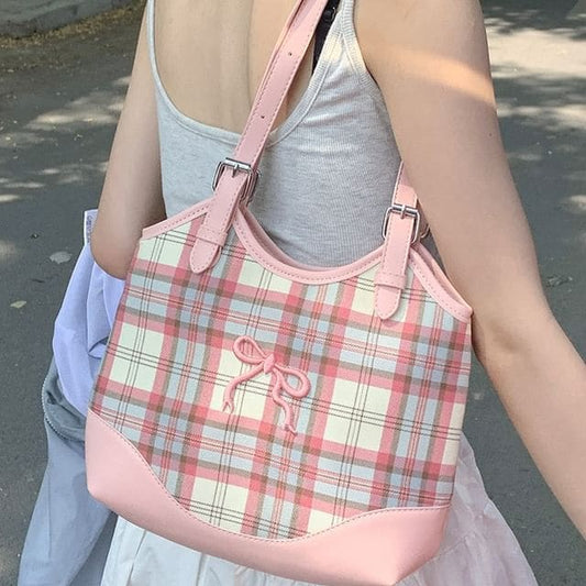 Bow Embroidered Plaid Panel Tote Bag