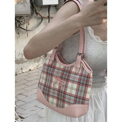 Bow Embroidered Plaid Panel Tote Bag - Pink / One Size