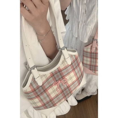 Bow Embroidered Plaid Panel Tote Bag - White / One Size