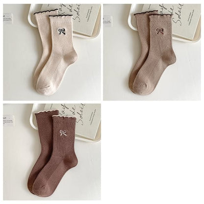 Bow Embroidered Ribbed Short Socks Set - Set of 3 Pairs