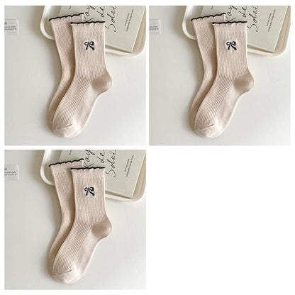 Bow Embroidered Ribbed Short Socks Set - Set of 3 Pairs