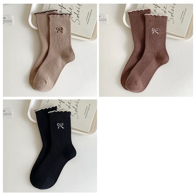 Bow Embroidered Ribbed Short Socks Set - Set of 3 Pairs