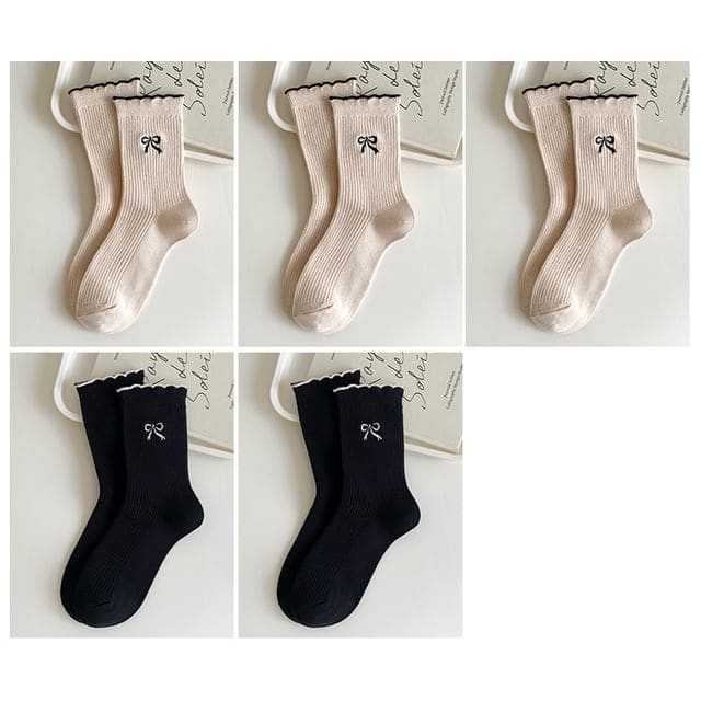 Bow Embroidered Ribbed Short Socks Set - Set of 5 Pairs