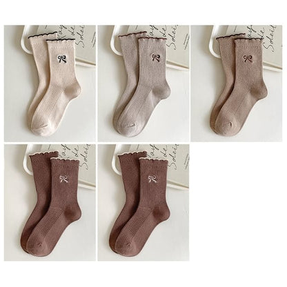 Bow Embroidered Ribbed Short Socks Set - Set of 5 Pairs