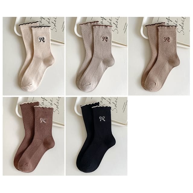 Bow Embroidered Ribbed Short Socks Set - Set of 5 Pairs