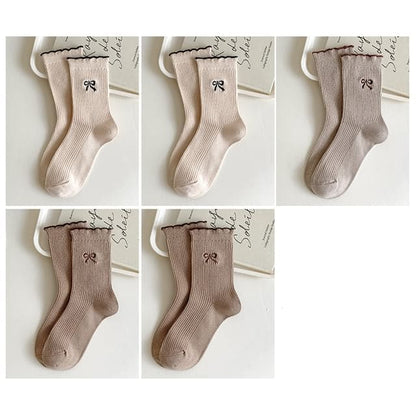 Bow Embroidered Ribbed Short Socks Set - Set of 5 Pairs