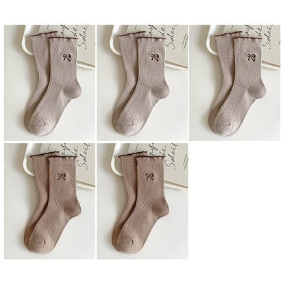 Bow Embroidered Ribbed Short Socks Set - Set of 5 Pairs