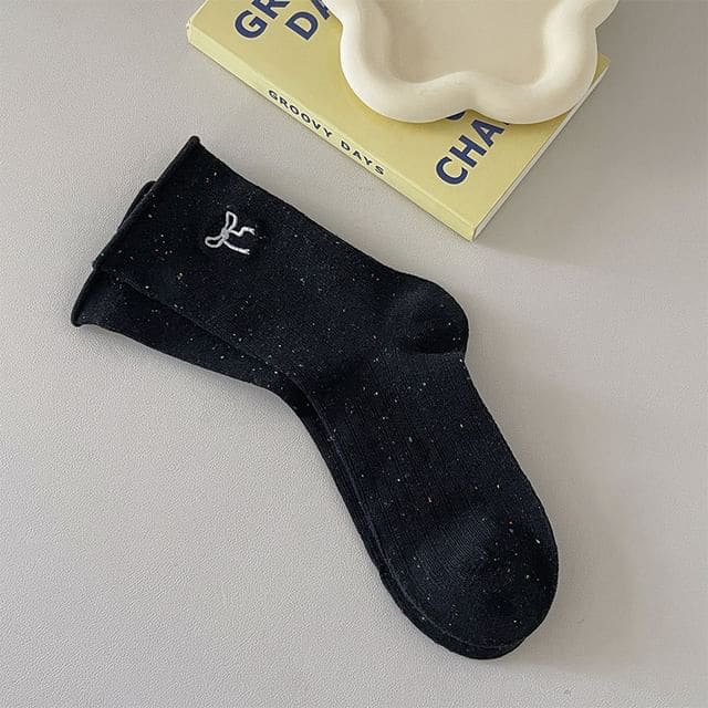 Bow Embroidered Ribbed Socks - Women - Black / One Size