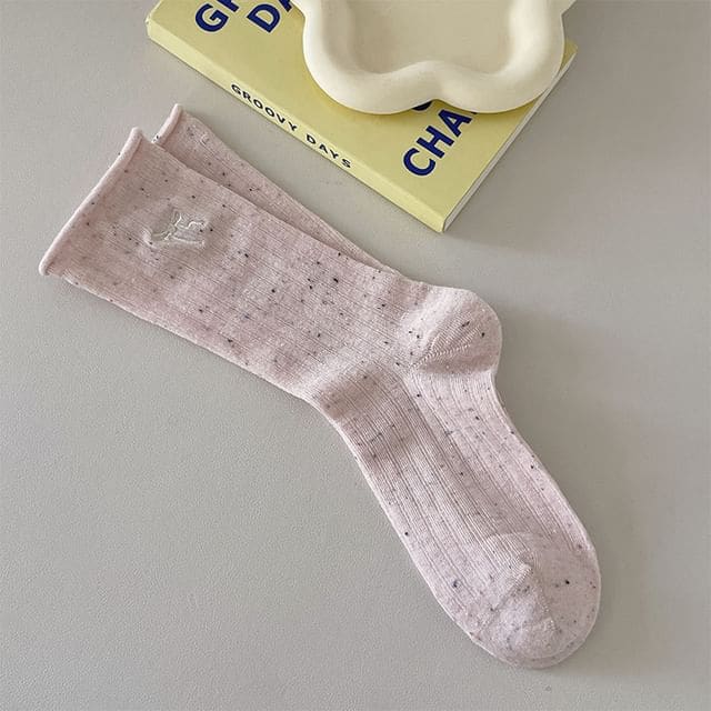 Bow Embroidered Ribbed Socks - Women - Pink / One Size