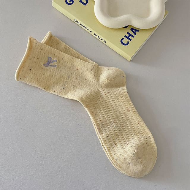 Bow Embroidered Ribbed Socks - Women - Yellow / One Size