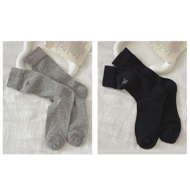 Bow Embroidered Socks Set - Set Of 2 Pairs - Gray & Black