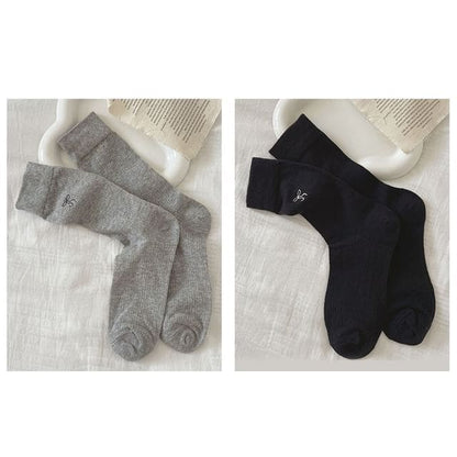 Bow Embroidered Socks Set - Set Of 2 Pairs - Gray & Black