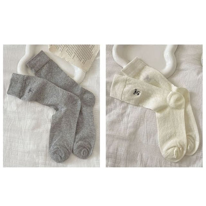 Bow Embroidered Socks Set - Set Of 2 Pairs - Gray & Milky