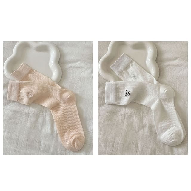 Bow Embroidered Socks Set - Set Of 2 Pairs - Pink & White