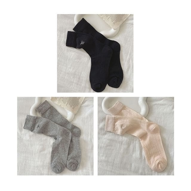 Bow Embroidered Socks Set - Set Of 3 Pairs - Black & Gray &