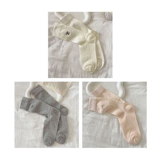 Bow Embroidered Socks Set - Set Of 3 Pairs - Milky White &