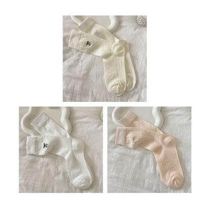 Bow Embroidered Socks Set - Set Of 3 Pairs - Milky White &