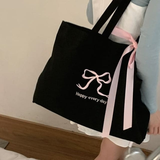 Bow Embroidered Tote Bag