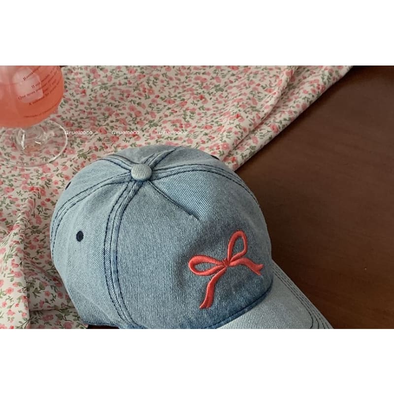 Bow Embroidered Washed Denim Baseball Cap