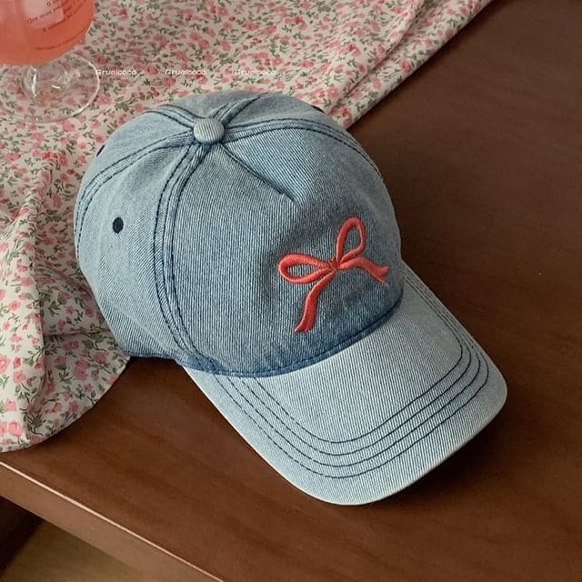 Bow Embroidered Washed Denim Baseball Cap - Washed Blue