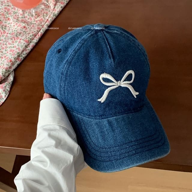 Bow Embroidered Washed Denim Baseball Cap - Dark Blue