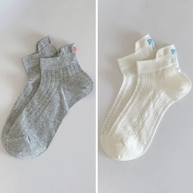 Bow Embroidery Socks Set - 2 Pairs - Combination 3 - Milky