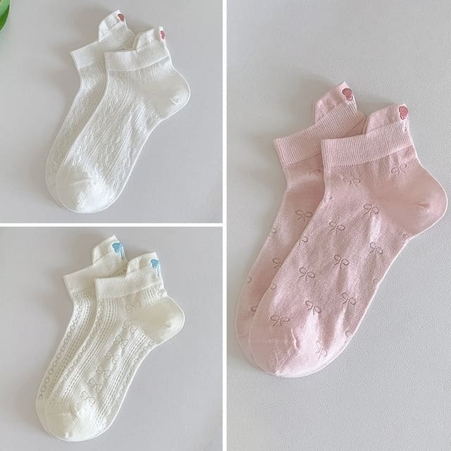 Bow Embroidery Socks Set - 3 Pairs - Combination 8 - Milky