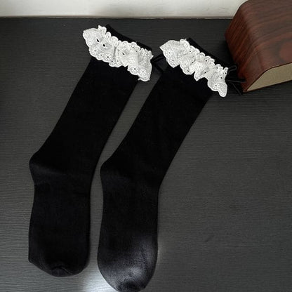 Bow Eyelet Lace Trim Socks - Black / One Size