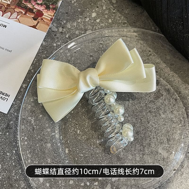 Bow Fabric Faux Pearl Coil Hair Tie