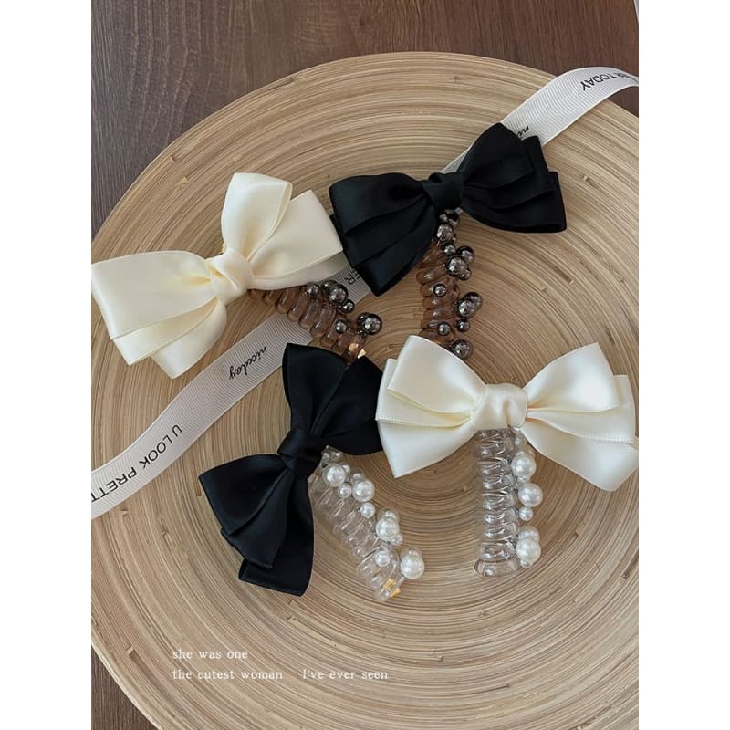 Bow Fabric Faux Pearl Coil Hair Tie