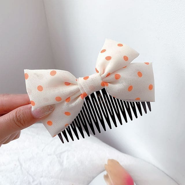 Bow Fabric Hair Comb - G0718 - Tangerine Dotted - White