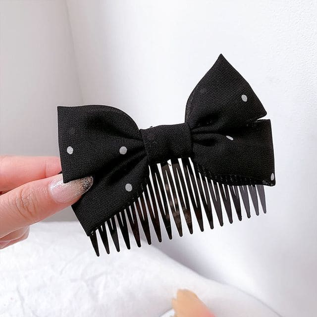 Bow Fabric Hair Comb - G0722 - White Dotted - Black