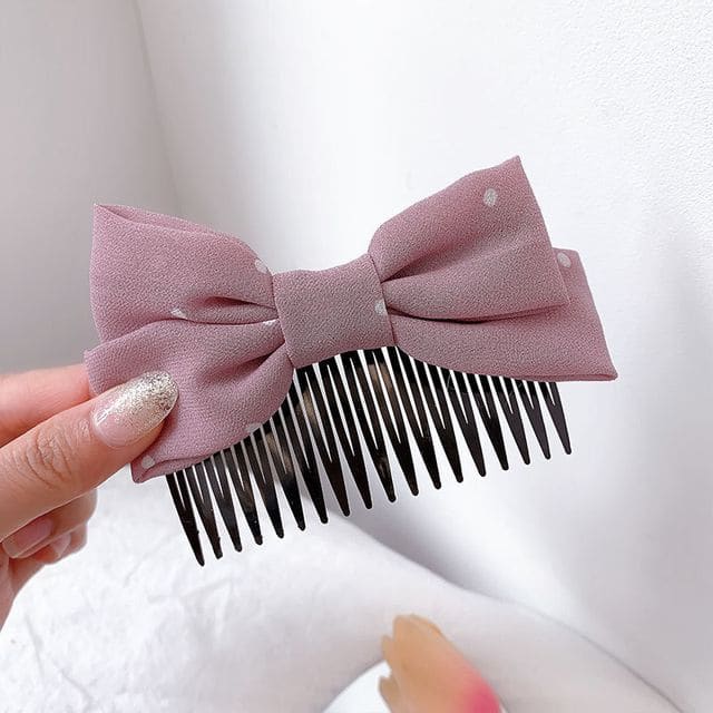 Bow Fabric Hair Comb - G0743 - White Dotted - Purple