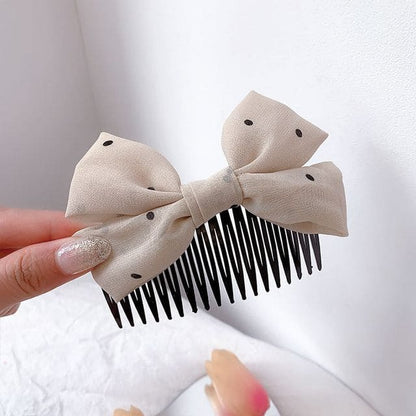 Bow Fabric Hair Comb - G0755 - Black Dotted - Light Khaki