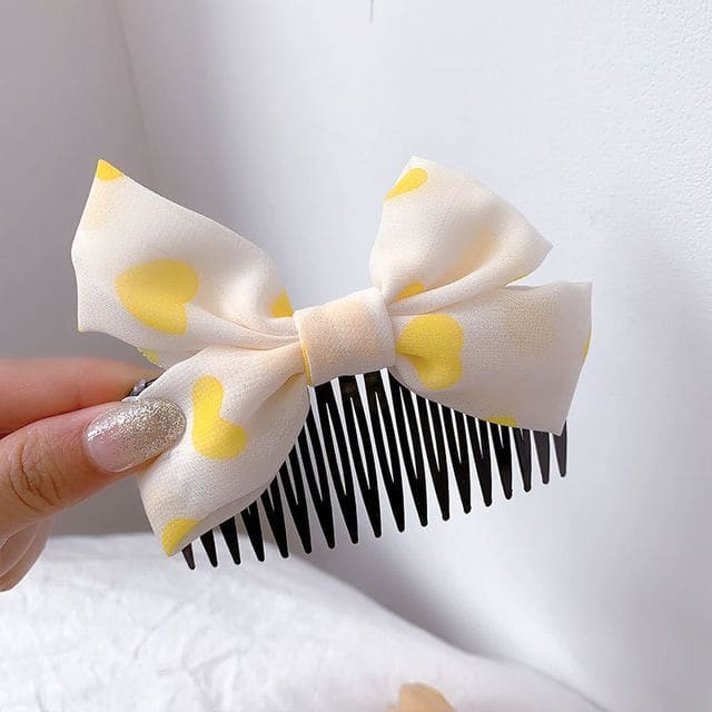 Bow Fabric Hair Comb - G0837 - Yellow Love Heart - White