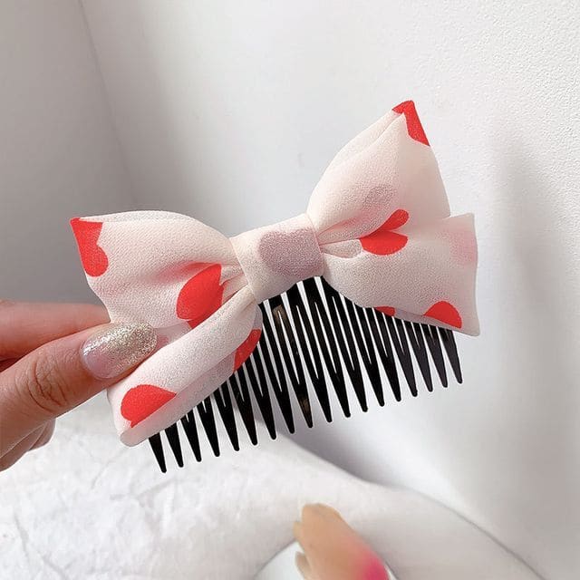 Bow Fabric Hair Comb - G0844 - Red Love Heart - White