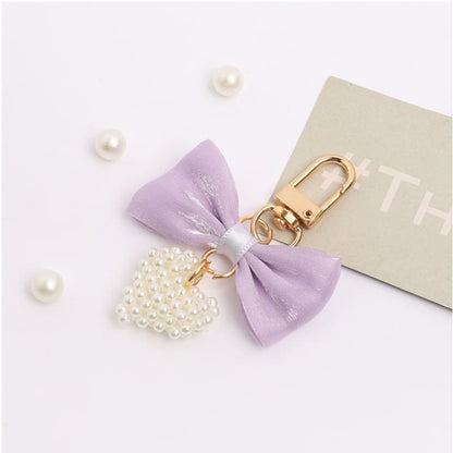 Bow Fabric Heart Faux Pearl Bag Charm Keyring (Various