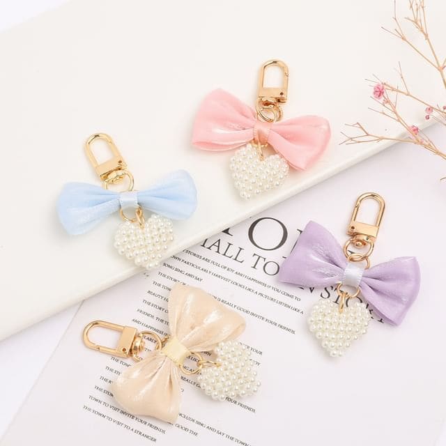 Bow Fabric Heart Faux Pearl Bag Charm Keyring (Various