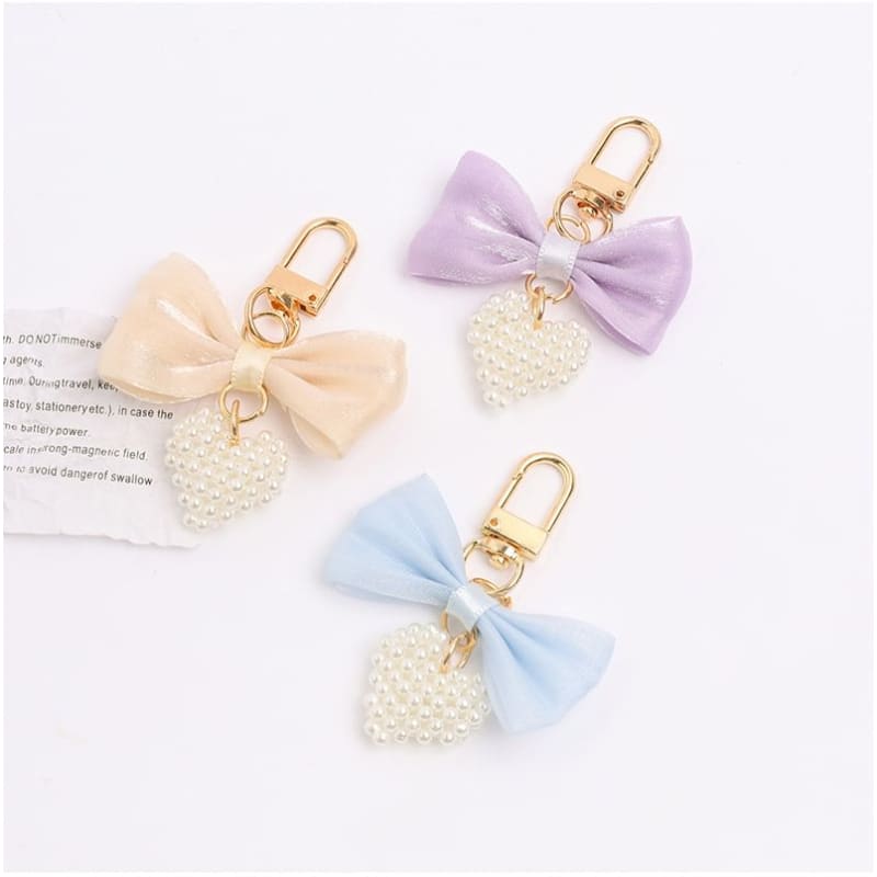 Bow Fabric Heart Faux Pearl Bag Charm Keyring (Various