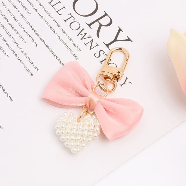 Bow Fabric Heart Faux Pearl Bag Charm Keyring (Various