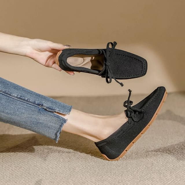 Bow Fabric Loafers - Black / 34