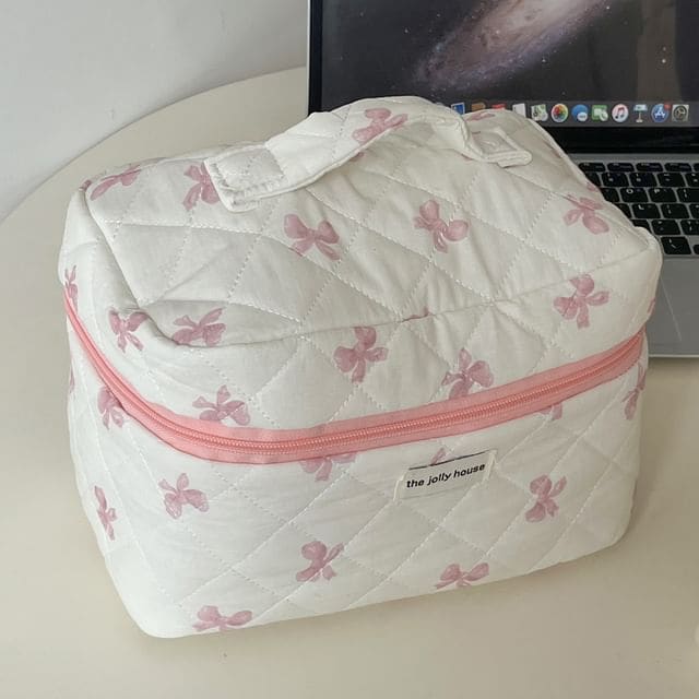 Bow Fabric Pencil Case - Makeup Bag - Pink / One Size